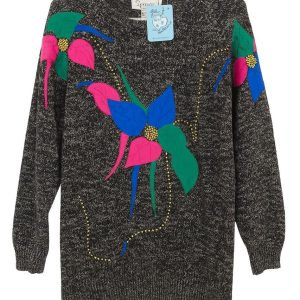 Suéter Gris con Apliques Florales Multicolor